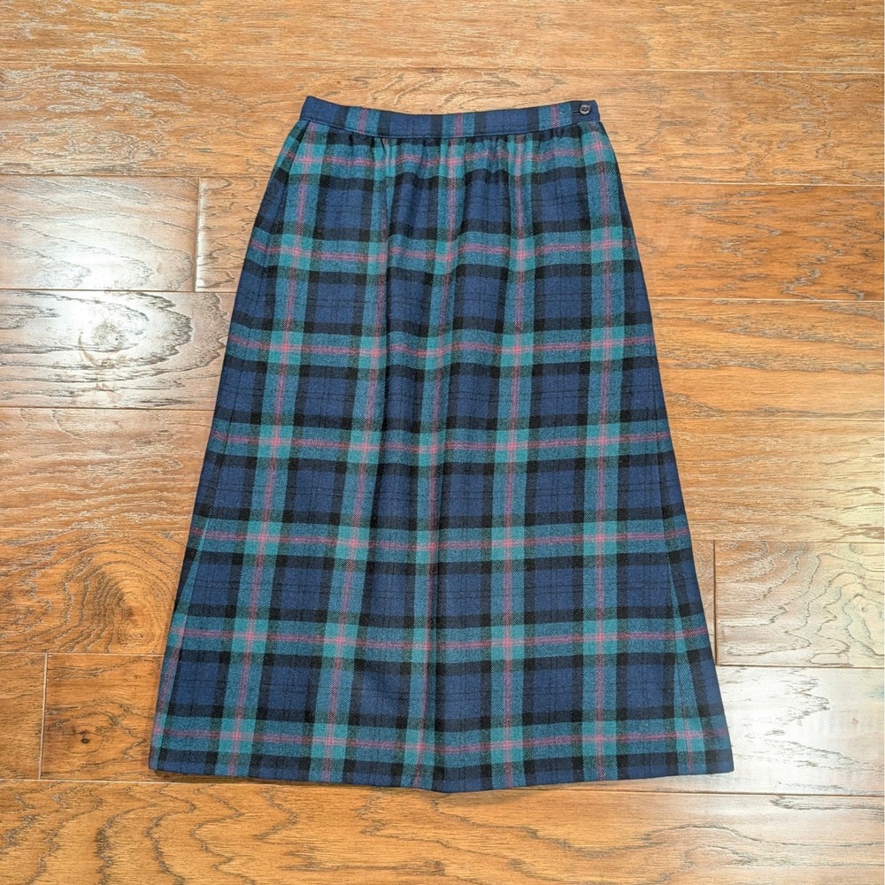 Vintage Pendleton Petite Plaid Wool Skirt Blue Green Pink‎ Made in USA Midi 24W